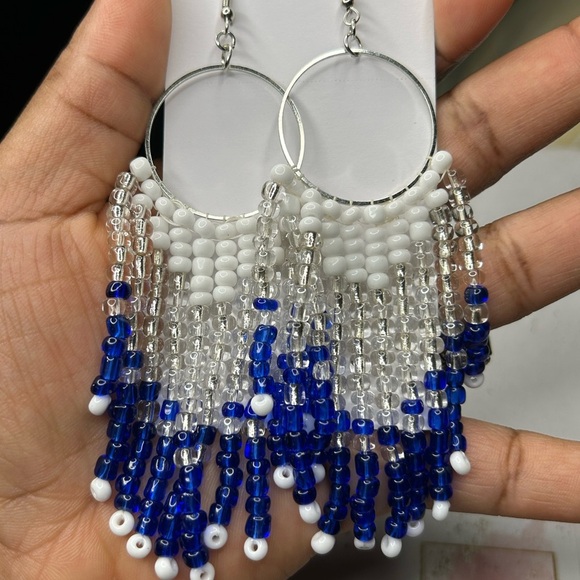 Blue & White Beaded Hoop Fringe Earrings - Picture 2 of 2